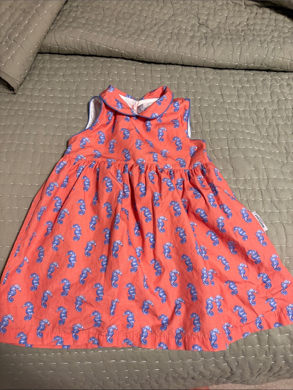 Sleeveless Coral Seahorse Print Dress with Peter Pan Collar